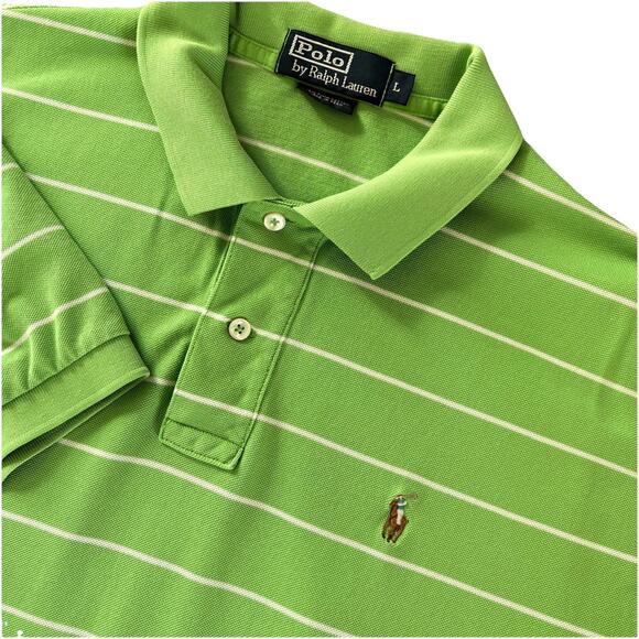 Polo Ralph Lauren Men’s Short Sleeve Polo Shirt Sz Large Green White Striped - Picture 1 of 9